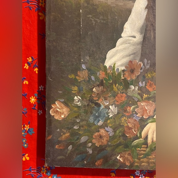 Vintage OIL ON CANVAS Young Girl Holding Basket Of Flowers Signed K. GROPIUS - Picture 5 of 13
